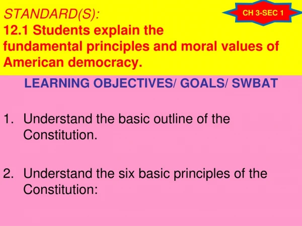 LEARNING OBJECTIVES/ GOALS/ SWBAT Understand the basic outline of the Constitution.