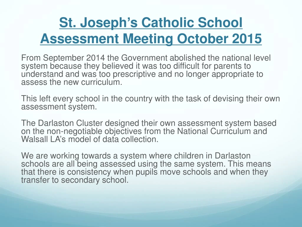 st joseph s catholic school assessment meeting october 2015