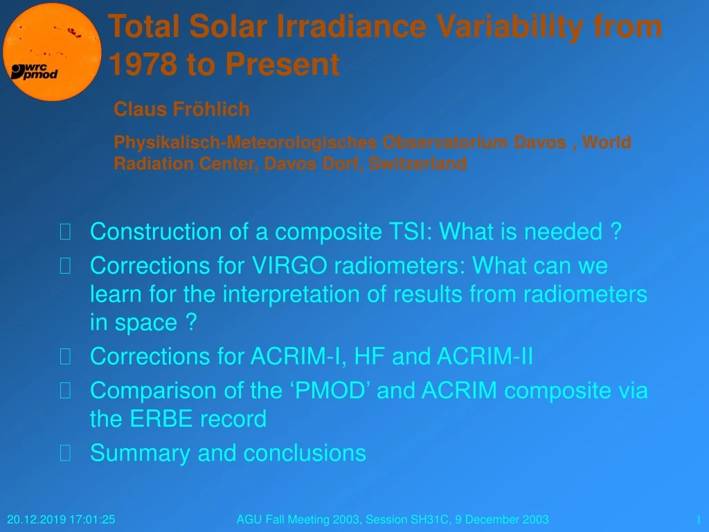 total solar irradiance variability from 1978 to present