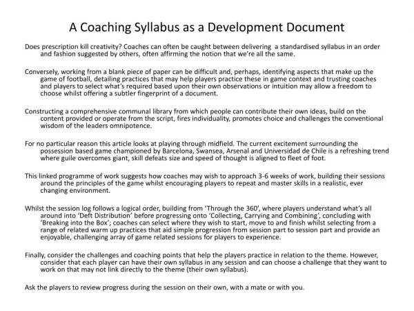 A Coaching Syllabus as a Development Document