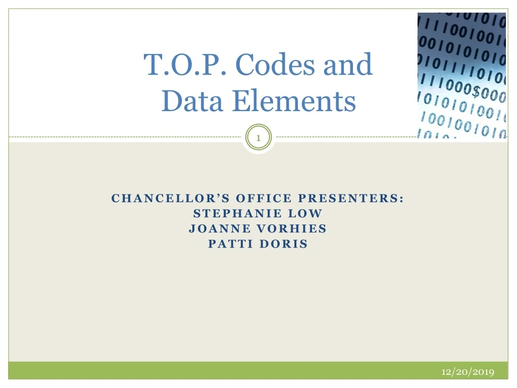 t o p codes and data elements