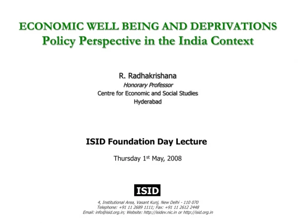ECONOMIC WELL BEING AND DEPRIVATIONS  Policy Perspective in the India Context