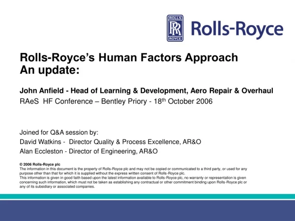 Rolls-Royce’s Human Factors Approach  An update: