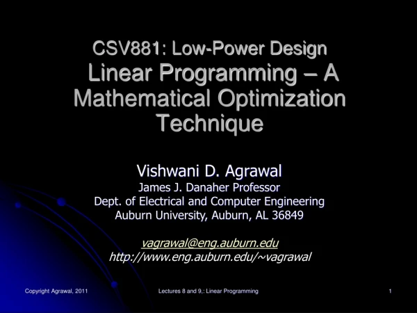 CSV881: Low-Power Design Linear Programming – A Mathematical Optimization Technique