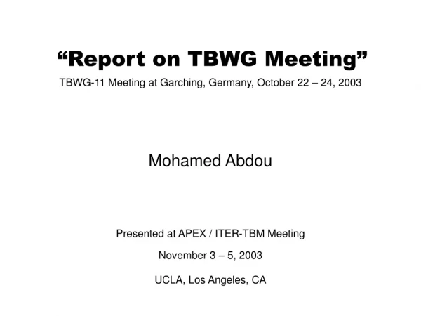 “Report on TBWG Meeting”