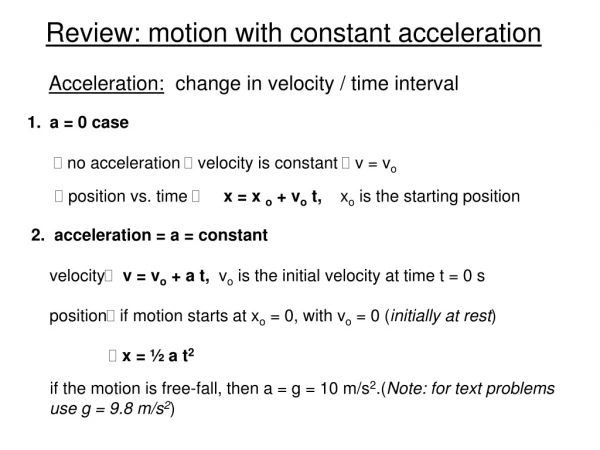 Review: motion with constant acceleration