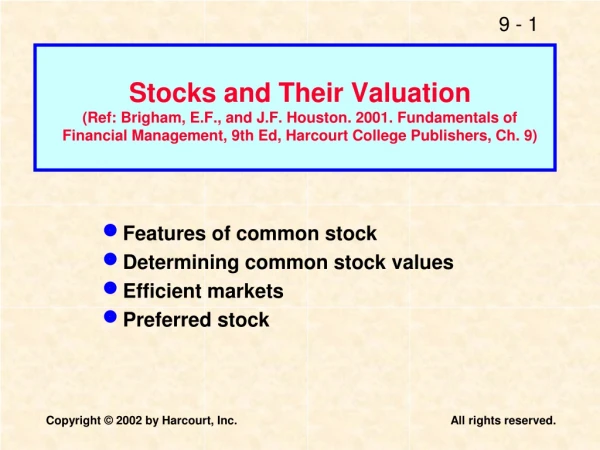 Features of common stock Determining common stock values Efficient markets Preferred stock