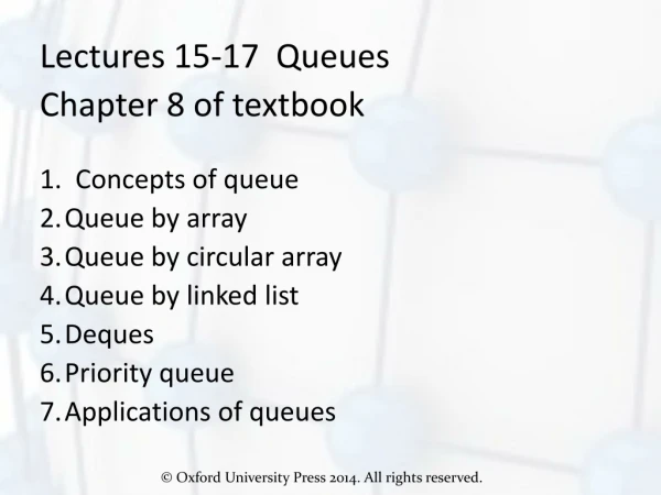 Lectures 15-17  Queues Chapter 8 of textbook 1.  Concepts of queue Queue by array