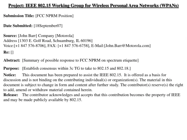 Project: IEEE 802.15 Working Group for Wireless Personal Area Networks (WPANs)