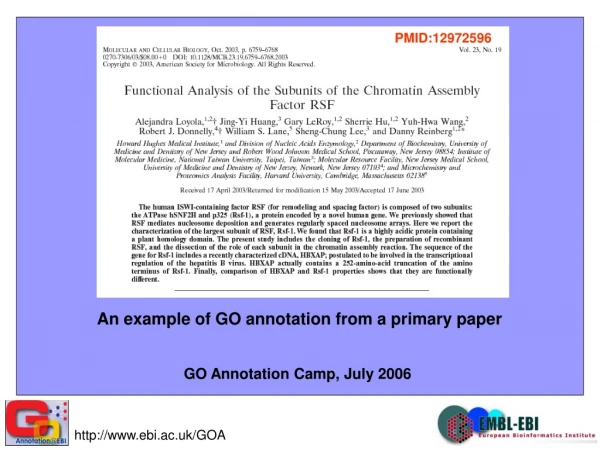 An example of GO annotation from a primary paper GO Annotation Camp, July 2006