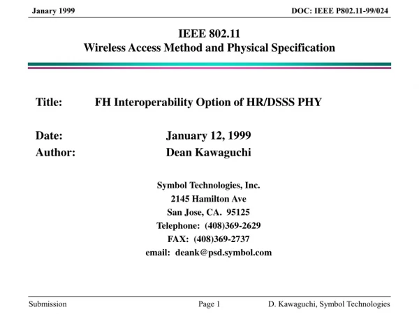 IEEE 802.11 Wireless Access Method and Physical Specification