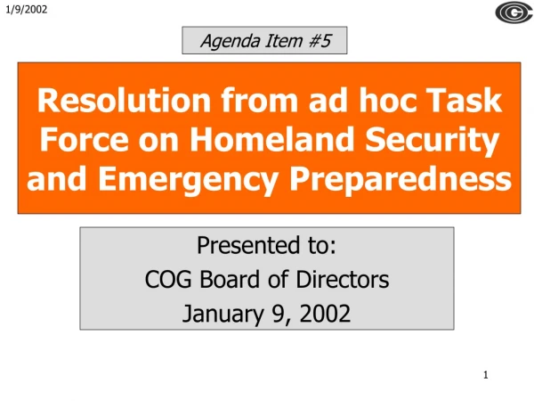 Resolution from ad hoc Task Force on Homeland Security and Emergency Preparedness