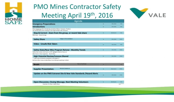 PMO Mines Contractor Safety Meeting April 19 th , 2016