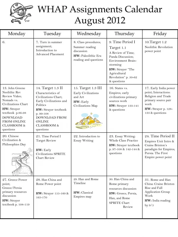 WHAP Assignments Calendar August 2012