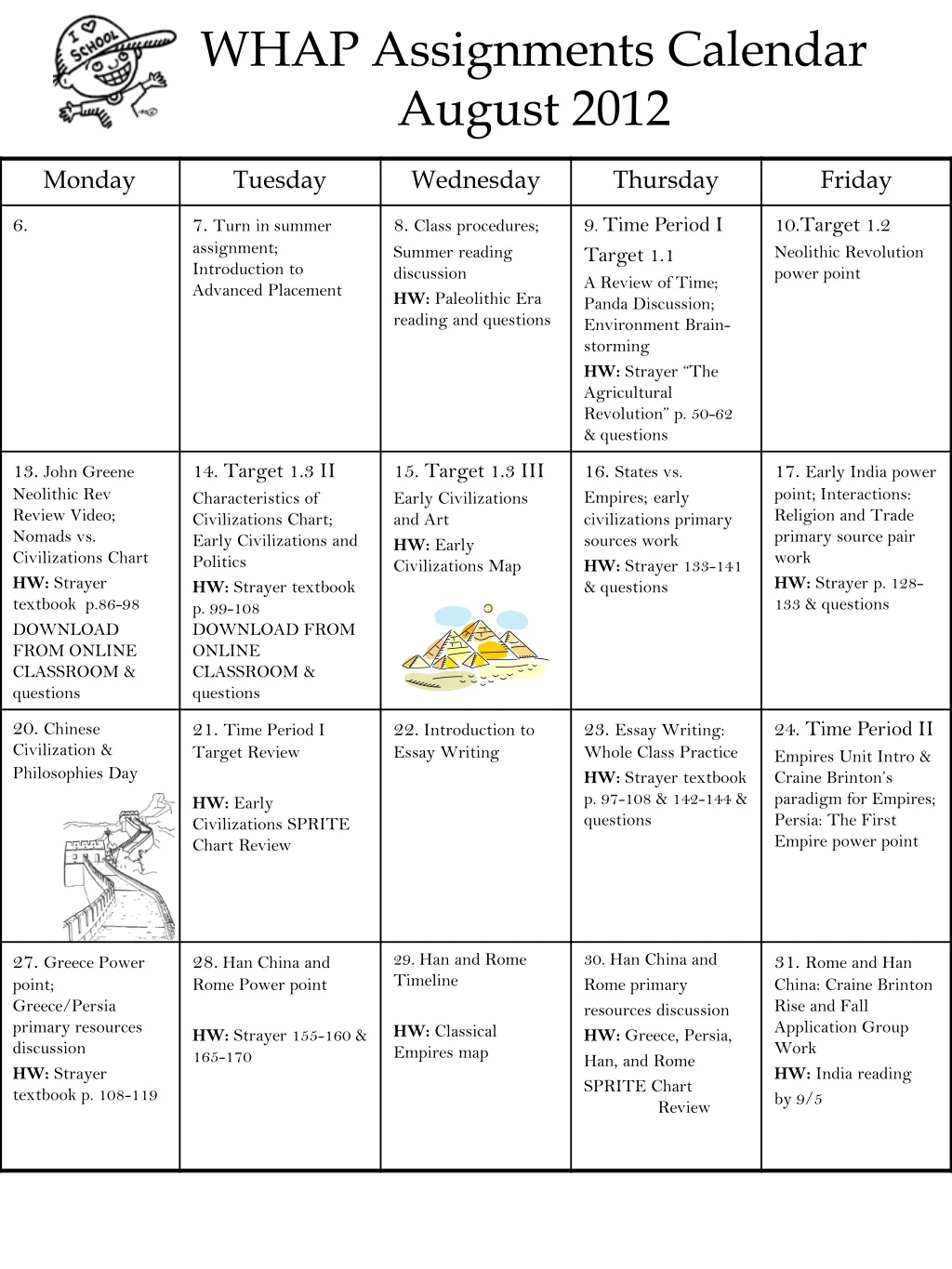 whap assignments calendar august 2012