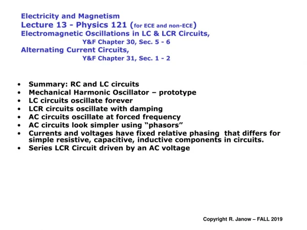 Summary: RC and LC circuits Mechanical Harmonic Oscillator – prototype