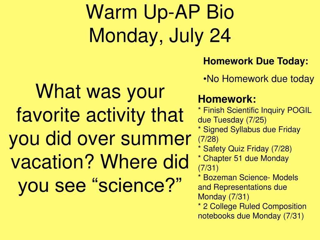 warm up ap bio monday july 24