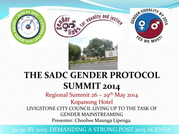 THE SADC GENDER PROTOCOL  SUMMIT 2014 Regional Summit 26 – 29 th  May 2014 Kopanong Hotel