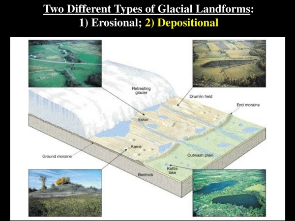 Two Different Types of Glacial Landforms : 1) Erosional;  2) Depositional