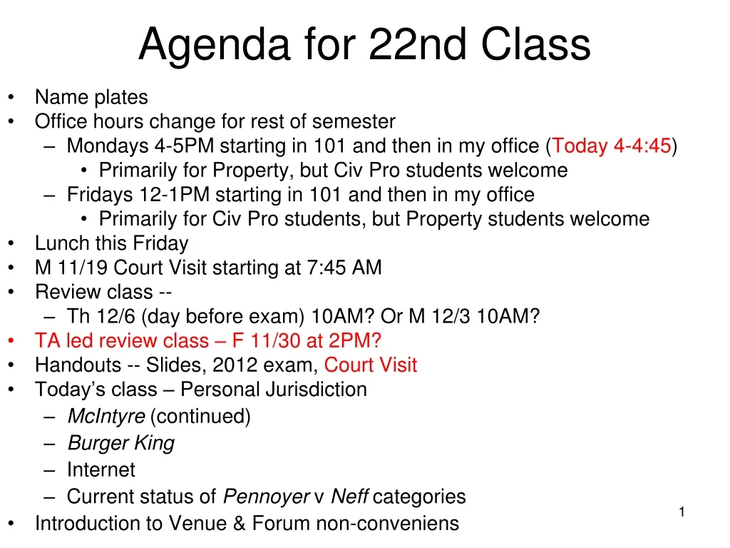 agenda for 22nd class