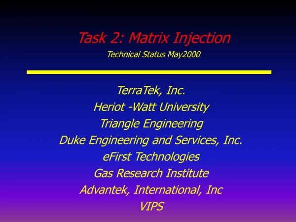 Task 2: Matrix Injection Technical Status May2000
