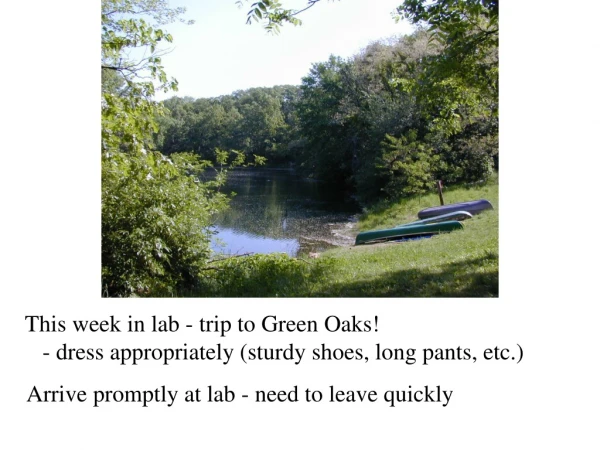 This week in lab - trip to Green Oaks!    - dress appropriately (sturdy shoes, long pants, etc.)