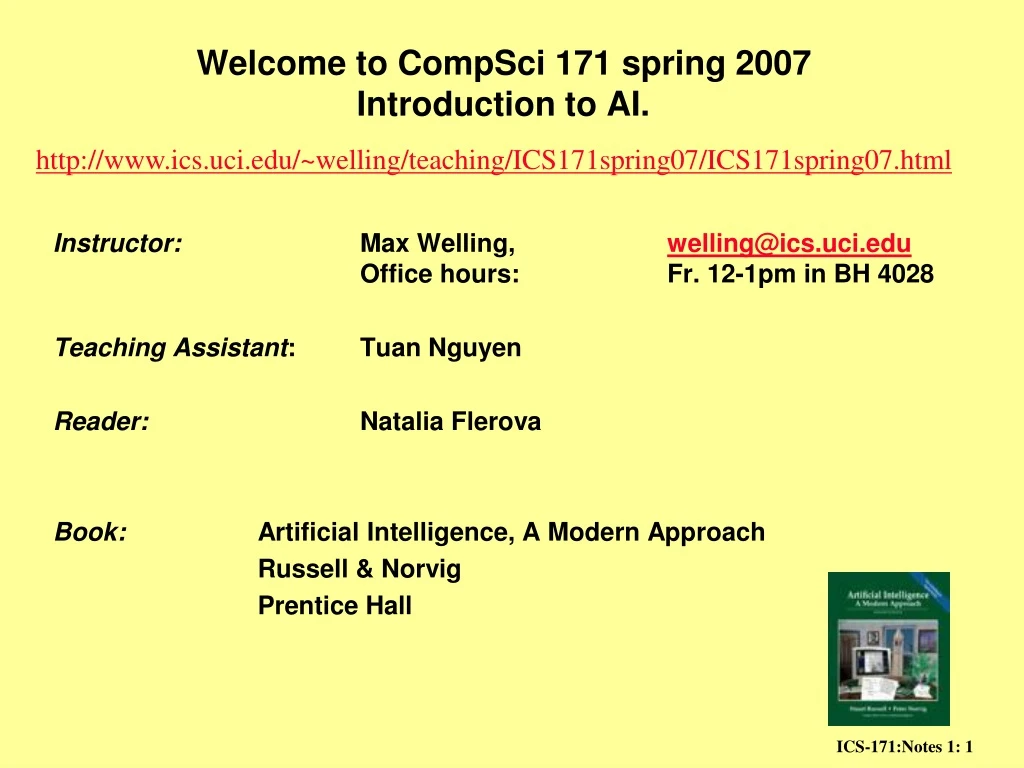 welcome to compsci 171 spring 2007 introduction to ai