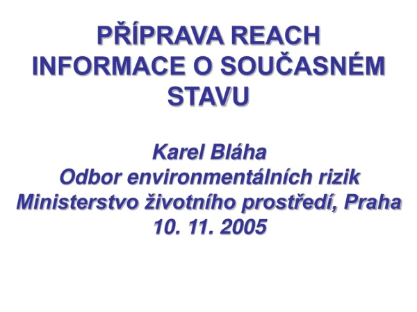 PŘÍPRAVA REACH INFORMACE O SOUČASNÉM STAVU Karel Bláha Odbor environmentálních rizik