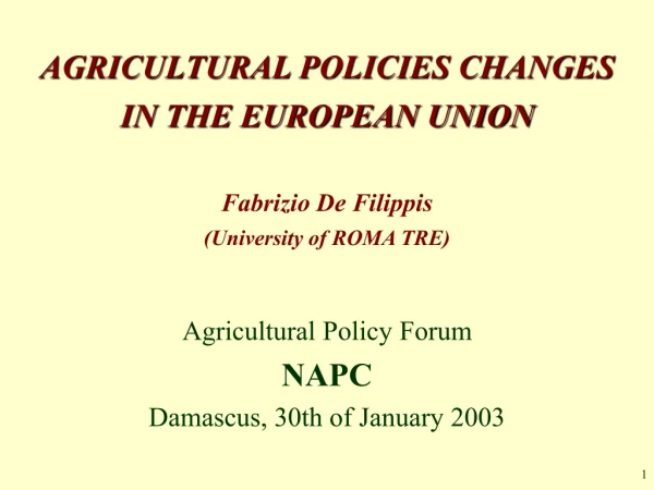 AGRICULTURAL POLICIES CHANGES IN THE EUROPEAN UNION Fabrizio De Filippis  (University of ROMA TRE)