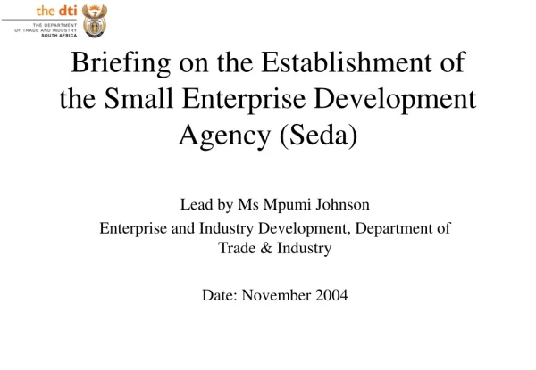 Briefing on the Establishment of  the Small Enterprise Development Agency (Seda)