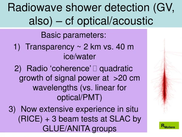 Radiowave shower detection (GV, also) – cf optical/acoustic