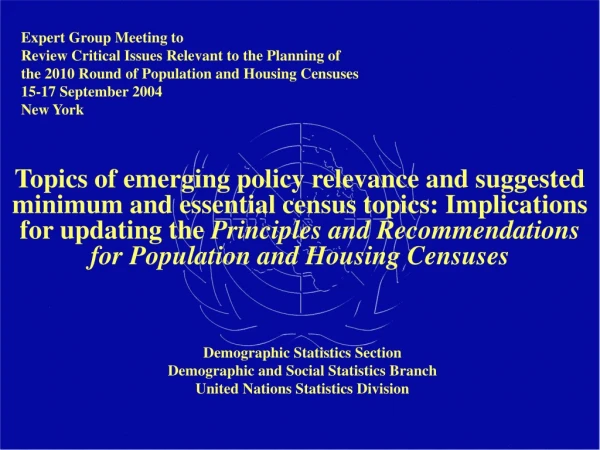 Expert Group Meeting to Review Critical Issues Relevant to the Planning of