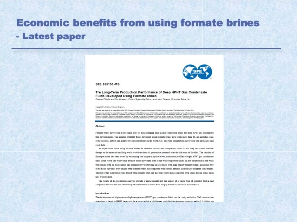 Economic benefits from using formate brines  - Latest paper
