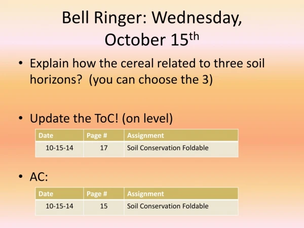 Bell Ringer: Wednesday,  October 15 th