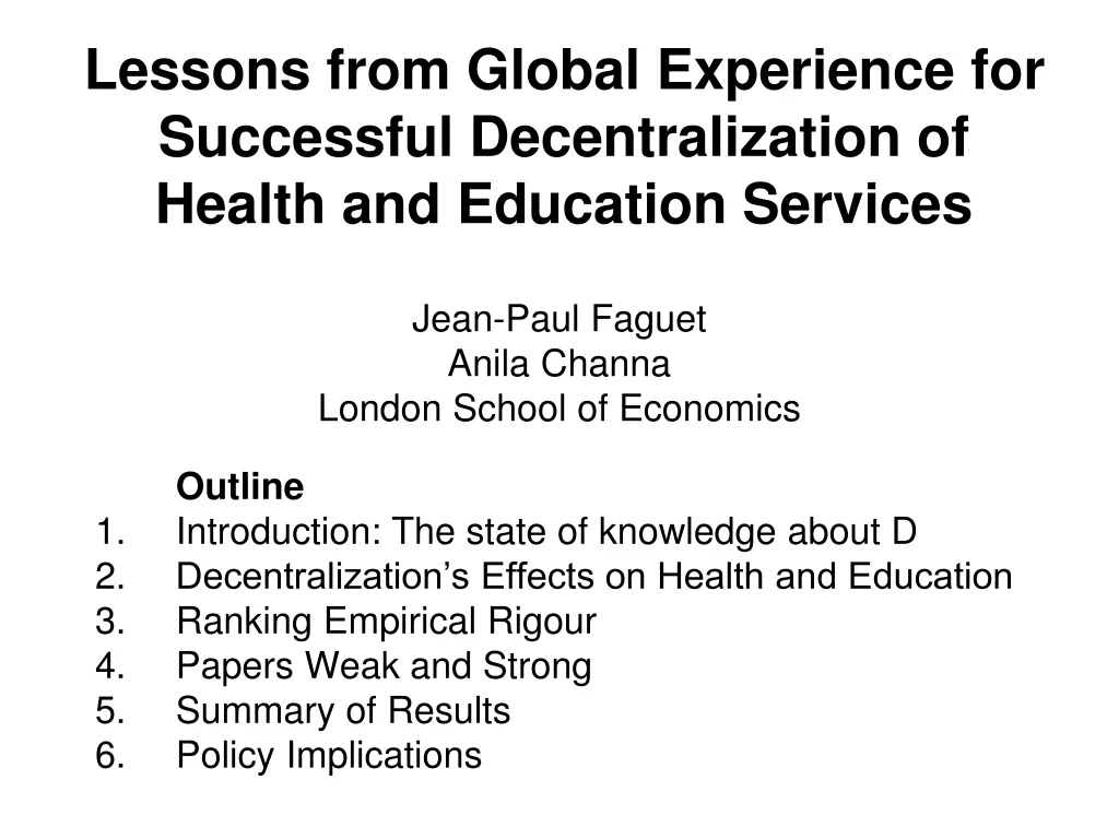 lessons from global experience for successful decentralization of health and education services
