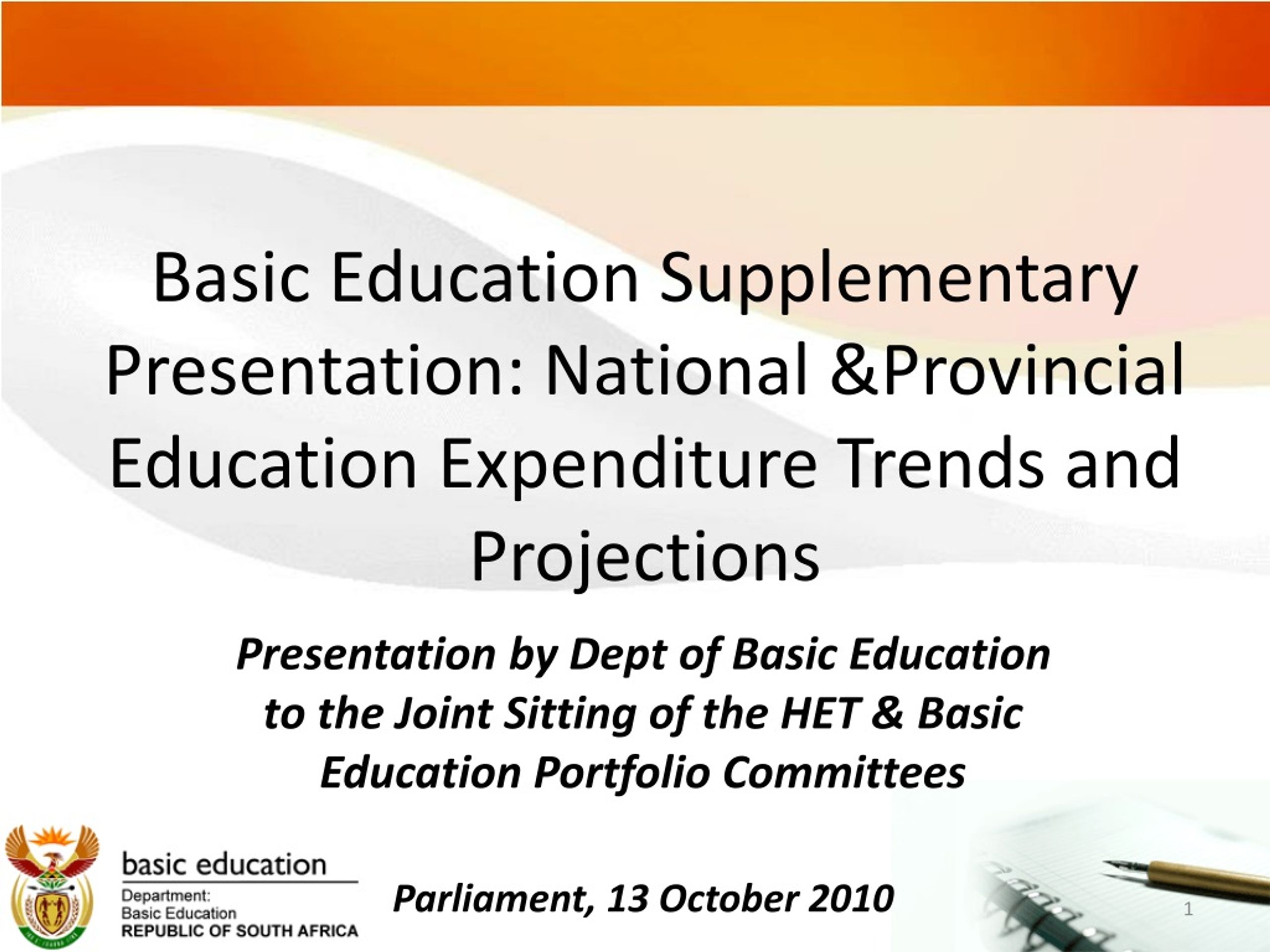 Department of Basic Education Expenditure Trends &amp; Projections - slide 1