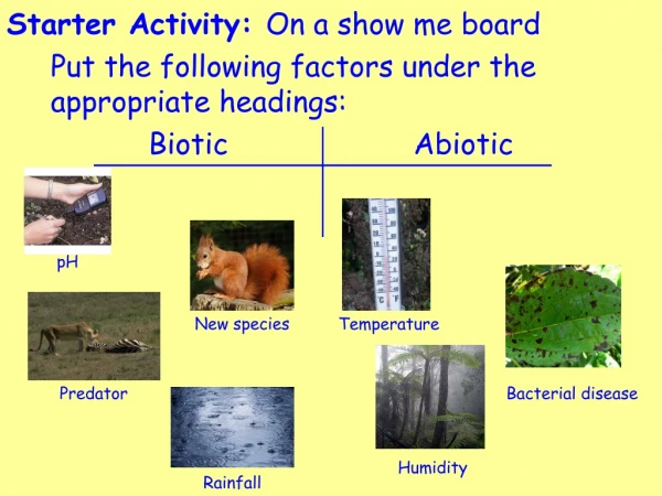 Starter Activity:  On a show me board 	Put the following factors under the appropriate headings: