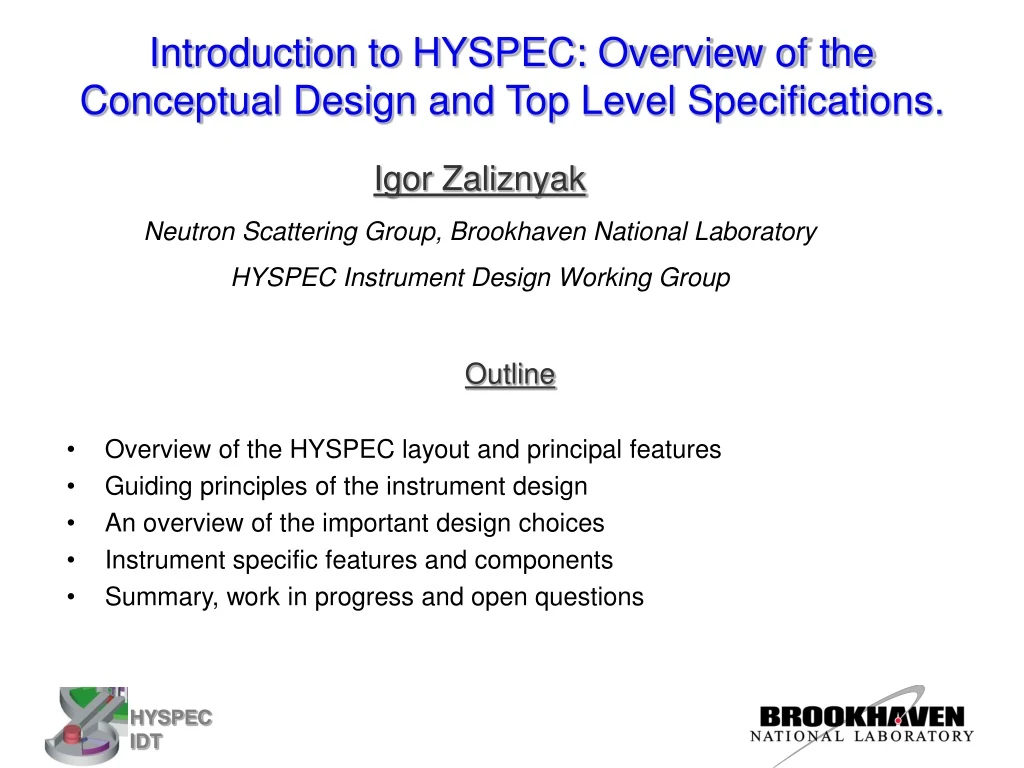 introduction to hyspec overview of the conceptual design and top level specifications