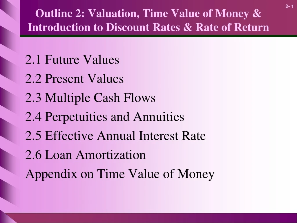 outline 2 valuation time value of money introduction to discount rates rate of return