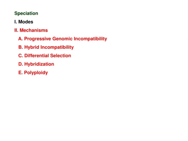 Speciation I. Modes II. Mechanisms    A. Progressive Genomic Incompatibility