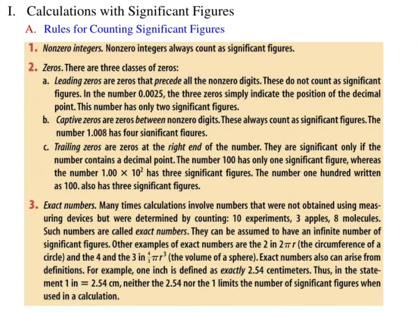 I.	Calculations with Significant Figures Rules for Counting Significant Figures