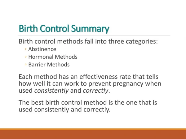 Birth Control Summary