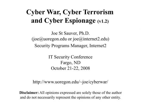 Cyber War, Cyber Terrorism  and Cyber Espionage  (v1.2)