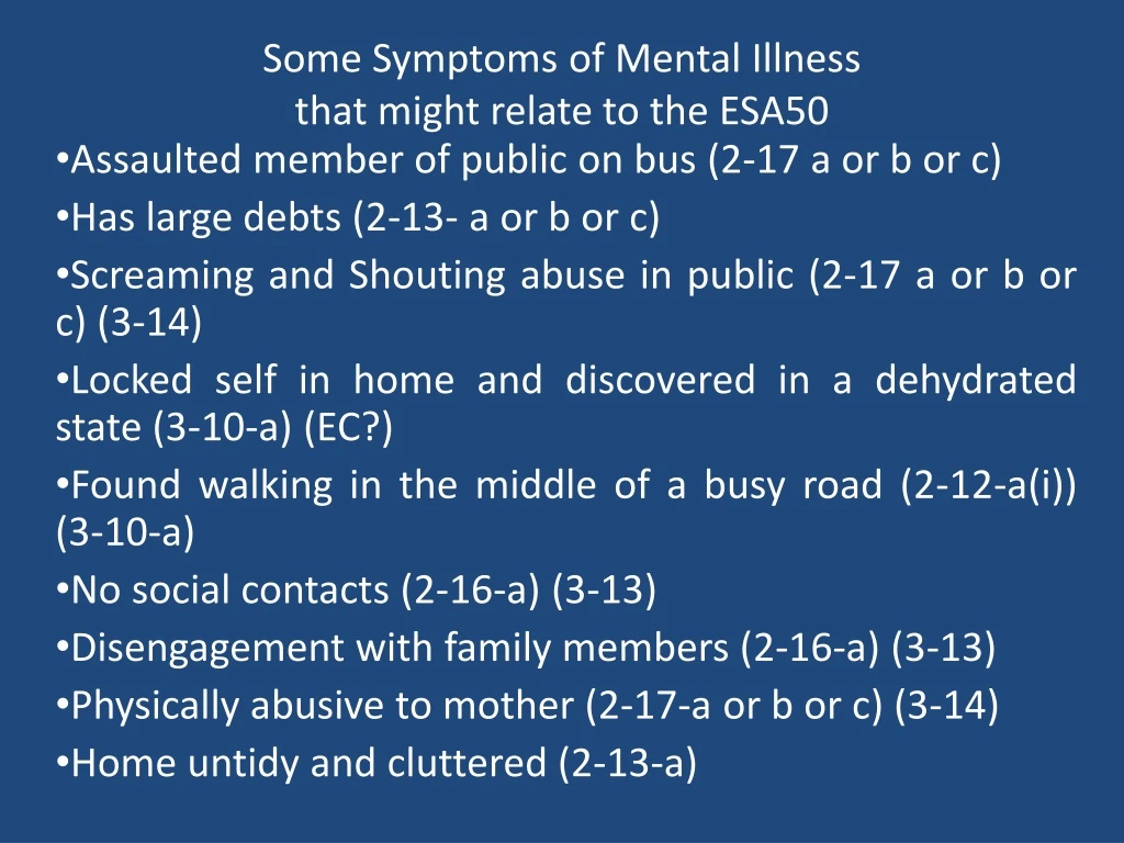 some symptoms of mental illness that might relate to the esa50