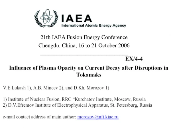 21th IAEA Fusion Energy Conference Chengdu, China, 16 to 21 October 2006