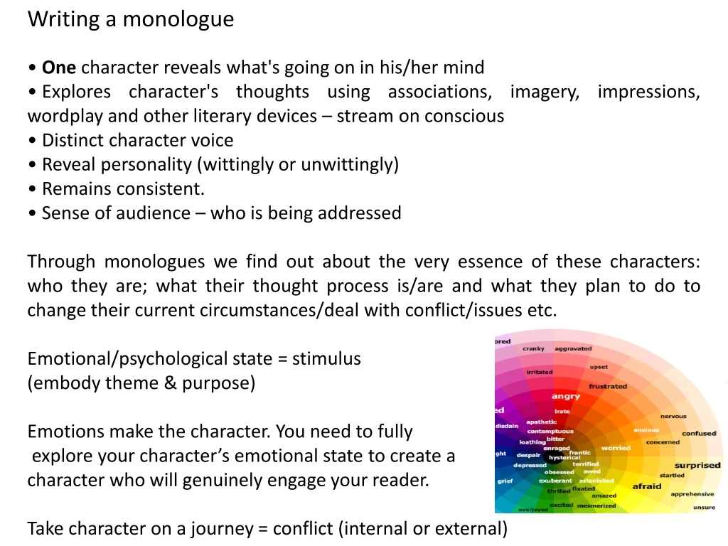 writing a monologue one character reveals what