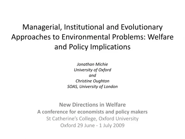 New Directions in Welfare A conference for economists and policy makers