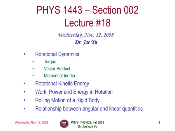 PHYS 1443 – Section 002 Lecture #18