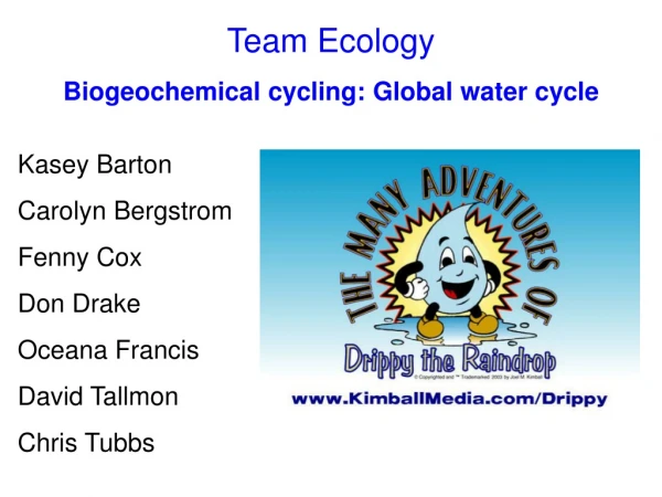 Team Ecology Biogeochemical cycling: Global water cycle Kasey Barton			 Carolyn Bergstrom