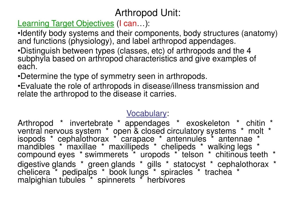 arthropod unit learning target objectives